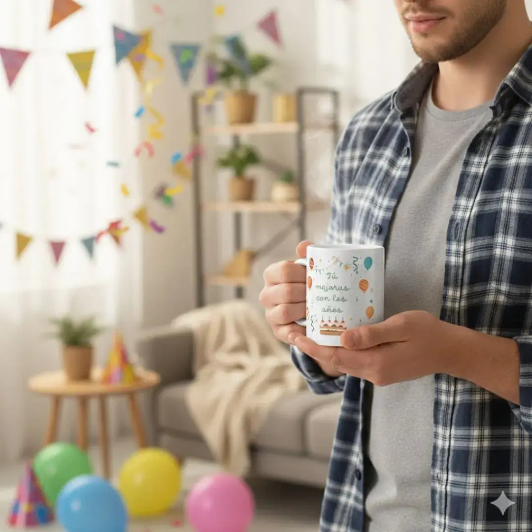 Un hombre sostiene con ambas manos una taza blanca de café humeante con la frase 'Tú mejoras con los años' y dibujos de tarta de cumpleaños y globos, en un salón decorado para una fiesta.