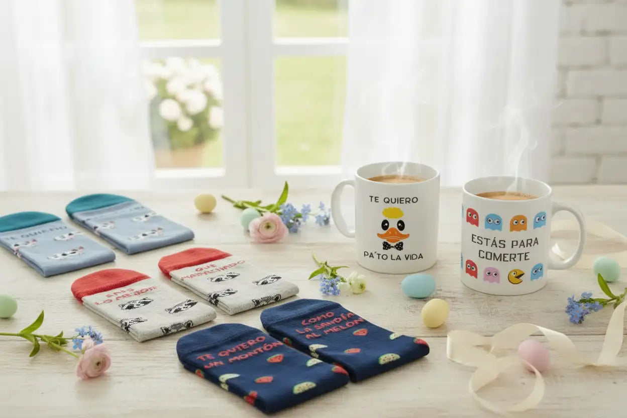 Tazas de cerámica blanca con diseños de personajes de dibujos animados coloridos y texto en español