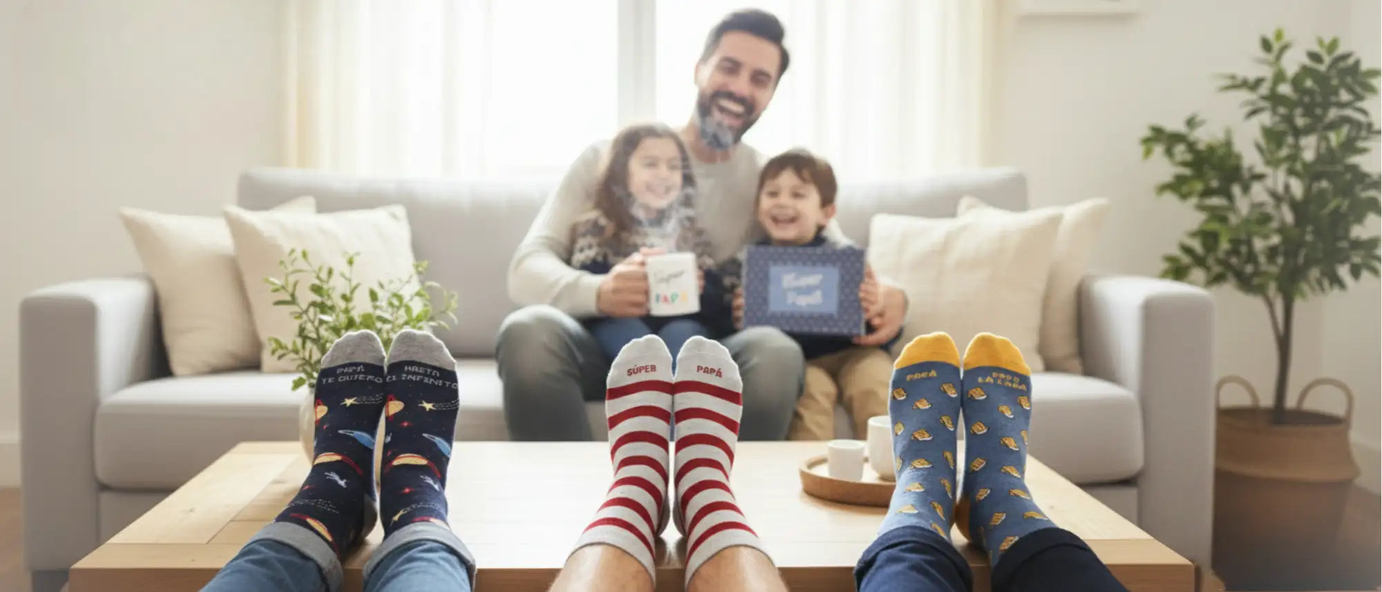 Tres pares de calcetines coloridos y con patrones, con diseños juguetones, se exhiben sobre una mesa de café de madera.