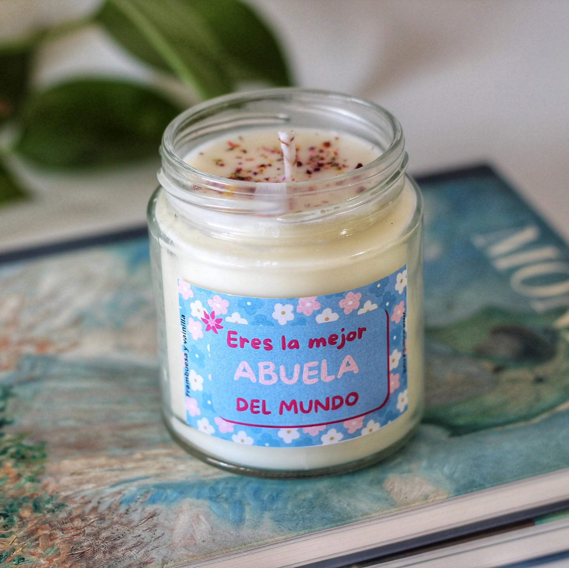 Vela con mensaje para abuela – aroma frambuesa y vainilla, cera de soja