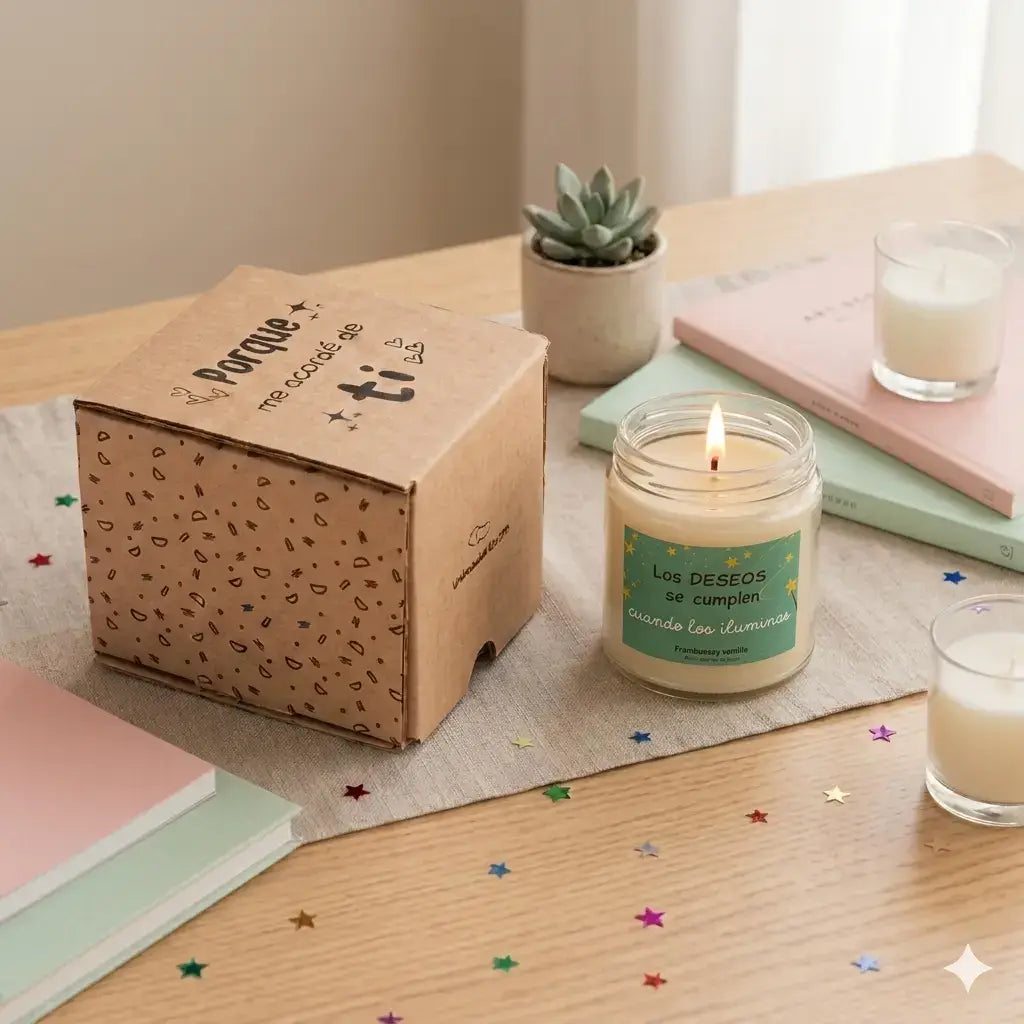Vela aromática "Los Deseos Se Cumplen" junto a caja de regalo – detalle artesanal hecho a mano en Alicante