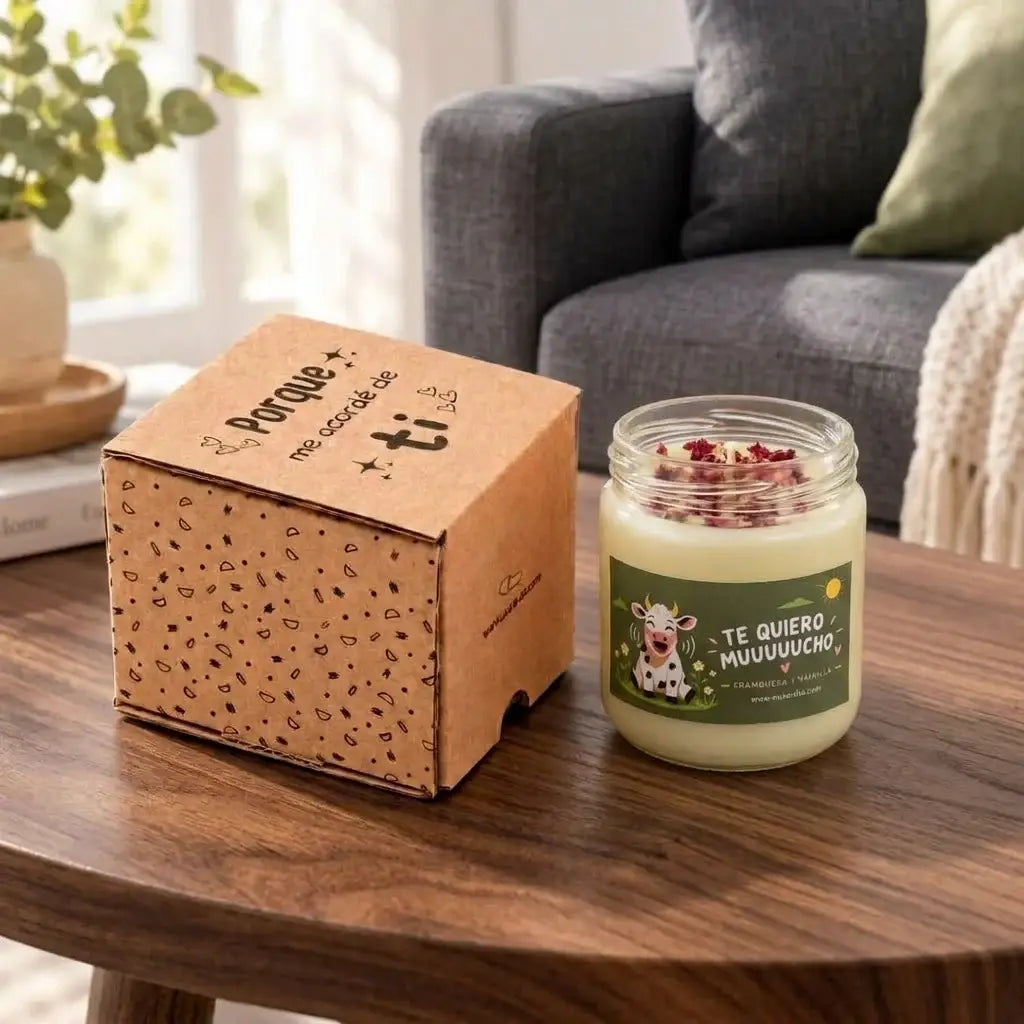 Vela artesanal de frambuesa y vainilla en frasco de vidrio con etiqueta de vaca y mensaje "Te quiero muuuucho", junto a su caja de regalo personalizada sobre una mesa de madera en un salón acogedor.