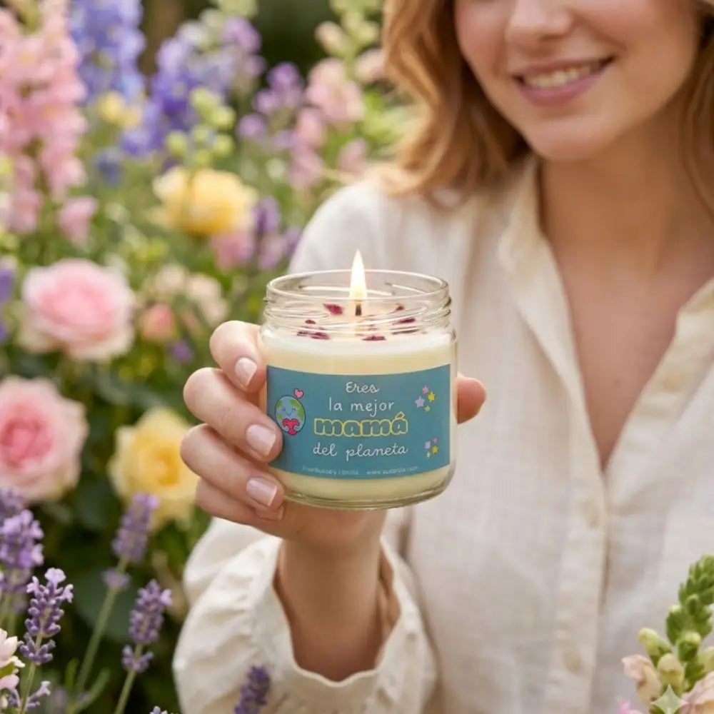 Vela con mensaje para mamá – aroma frambuesa y vainilla, cera de soja 350 ml